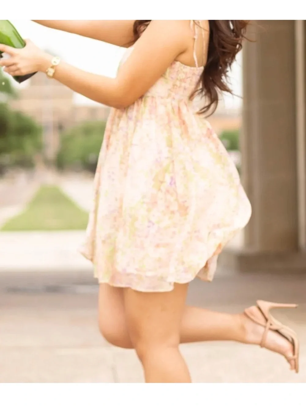 ASTR Babydoll Serenity Pink and Green Floral Strap Tie-Shoulder Sundress Dress M